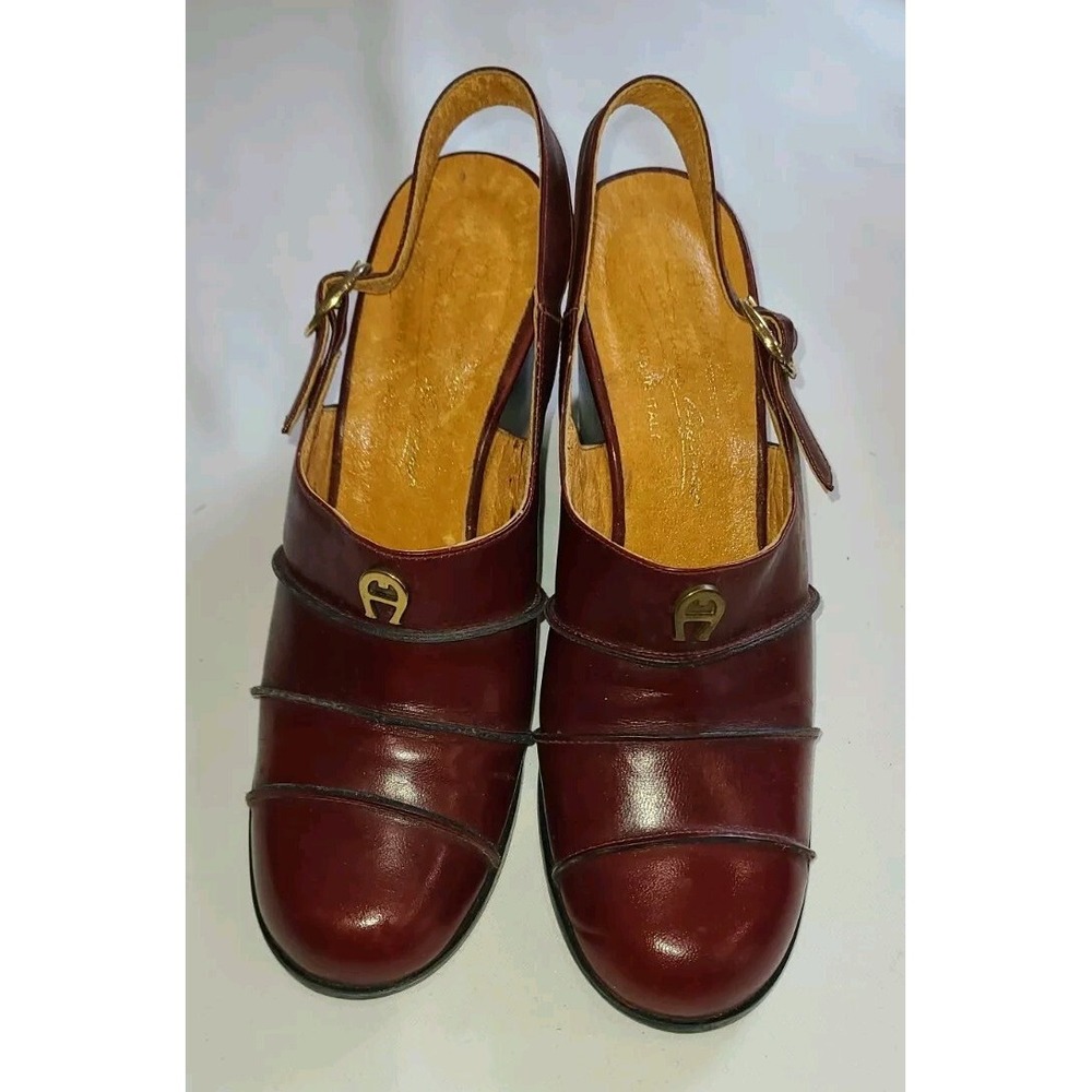 Etienne Angier Leather Oxblood Slingback Wedge Mules, W 8.5, Made In Italy, Mod